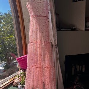 Pink Sheer Mesh Gold Star Print Tiered Maxi Dress Size XL Fairycore Festival